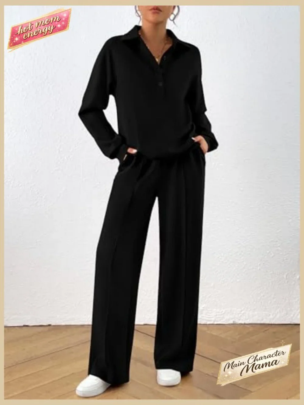 Quarter Button Sweatshirt Wide Leg Pants Lounge Set Long Sleeve Comfy Tracksuit - Picture 2 of 7